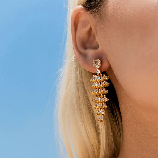 18K Gold Zircon Tassel Earrings - Shuling Jewelry