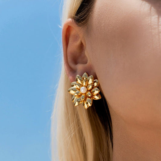 18K Gold Multi - layered 3D Flower Stud Earrings - Shuling Jewelry