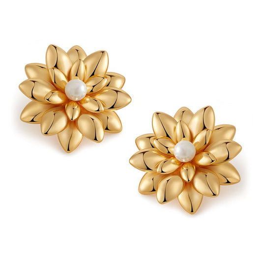 18K Gold Multi - layered 3D Flower Stud Earrings - Shuling Jewelry