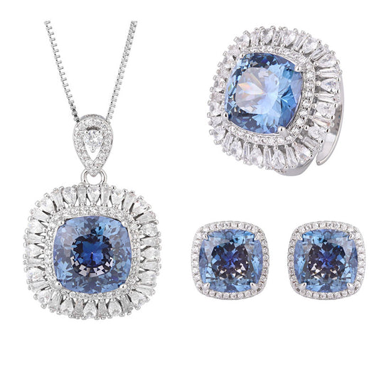 Cushion-Cut Blue Stone Halo Jewelry Suite