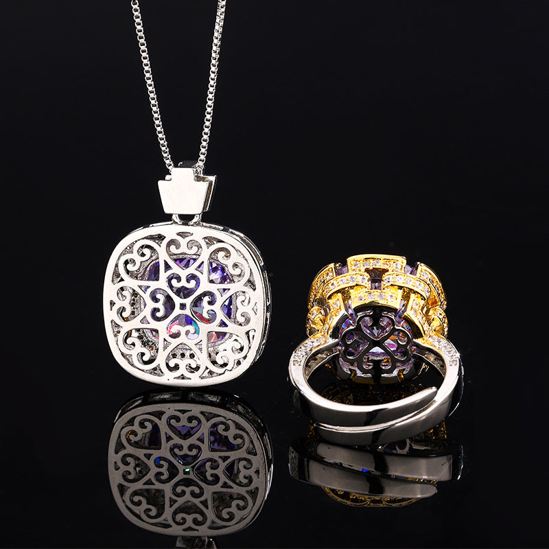 Luxe Cushion Cut Purple Yellow Sparkle Statement Jewelry Set