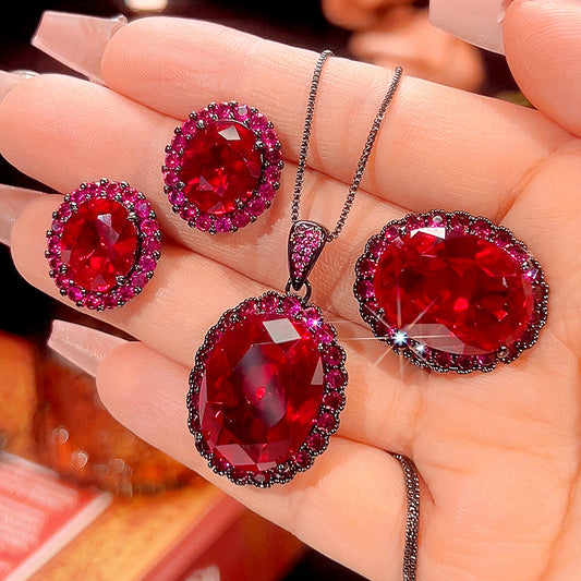 Vintage Crimson Ruby Halo Jewelry Set