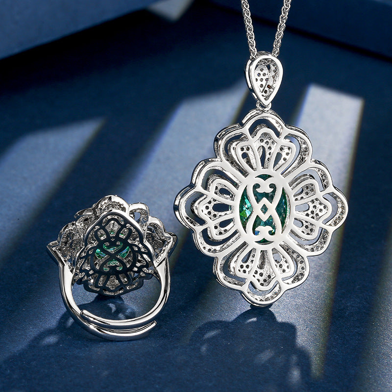 Exquisite Green Oval Stone Floral Scroll Pave Jewelry Set