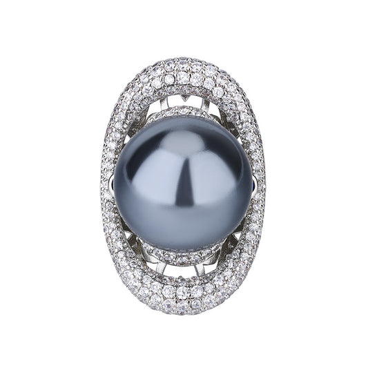 Celestial Saturn-Inspired Pearl and Crystal Halo Statement Ring