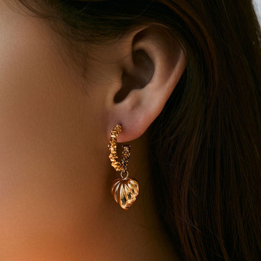 Boucles d'oreilles créoles vintage en forme de cœur, dorées texturées