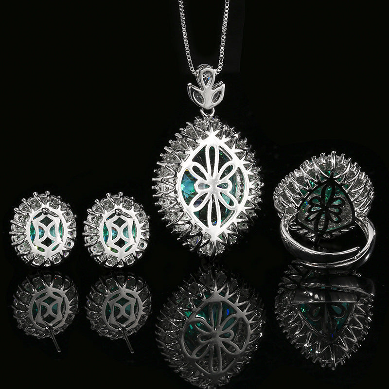 Shining Teal Green Oval Halo Jewelry Set