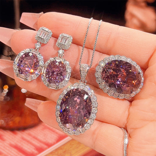 Exquisite Lavender Oval Halo Jewelry Set