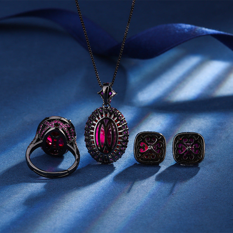 Black Gold Crimson Red Gemstone Statement Jewelry Set