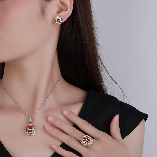 Cushion Cut Champange Halo Jewelry Set