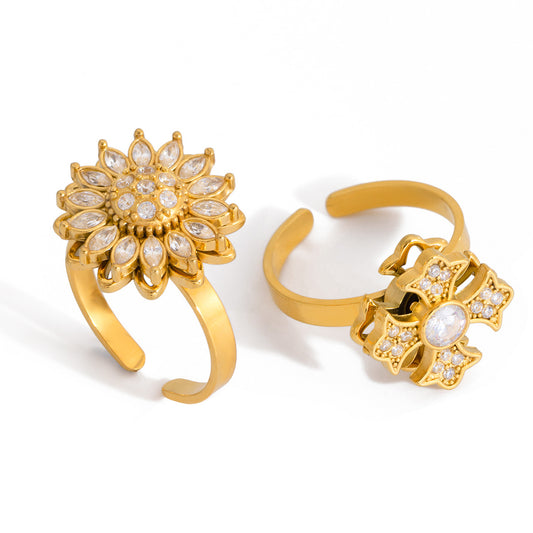 Sparkling Gold Sunflower & Cross Rings