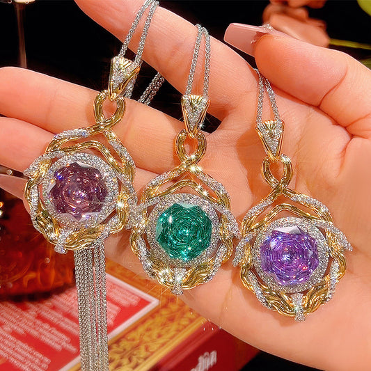 Rose Cut Gemstone Twisted Halo Statement Pendant Necklace