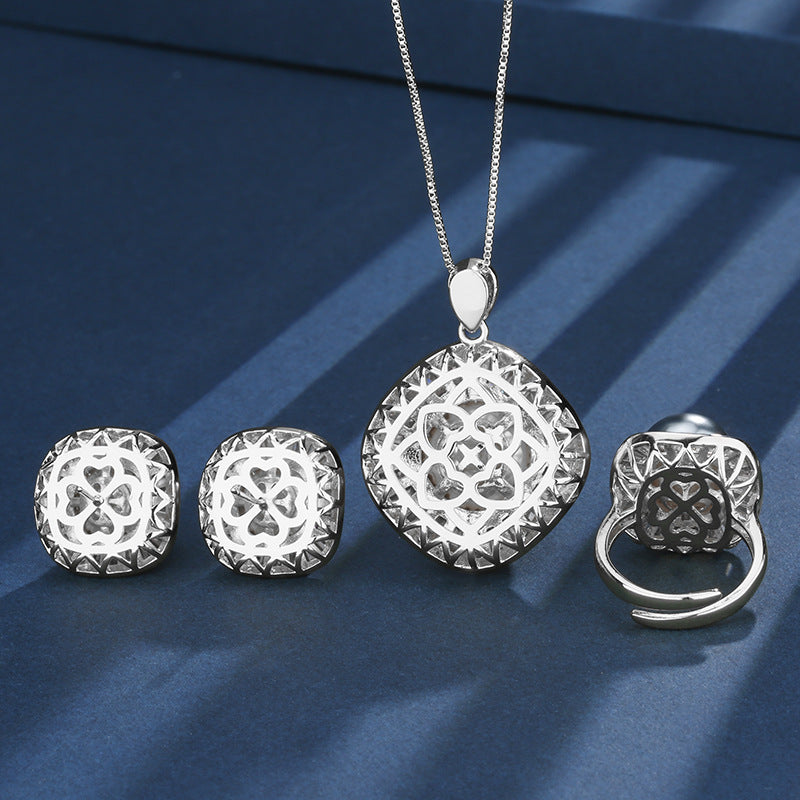 Royal Mystic Gray Pearl Double Halo Jewelry Set