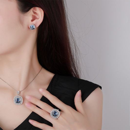 Cushion-Cut Blue Stone Halo Jewelry Suite