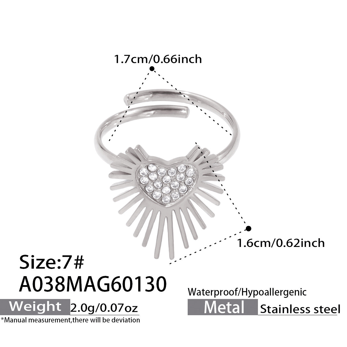 Radiant Sunburst Pavé Heart Adjustable Ring