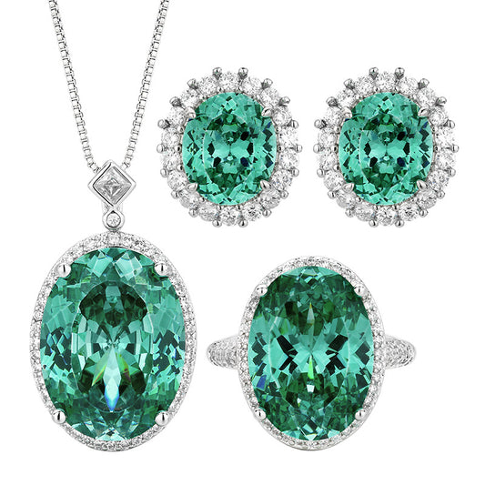 Radiant Emerald Green Oval-Cut Crystal Halo Jewelry Set