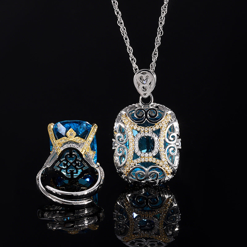 Opulent Cushion-Cut Blue Stone Halo Necklace & Ring Set