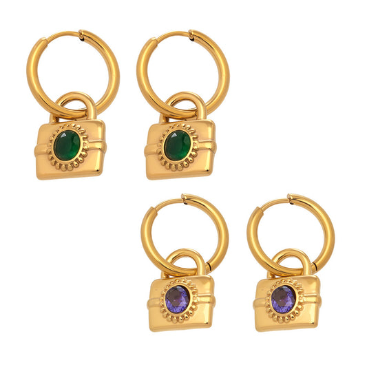 Gemstone Padlock Charm Huggie Earrings