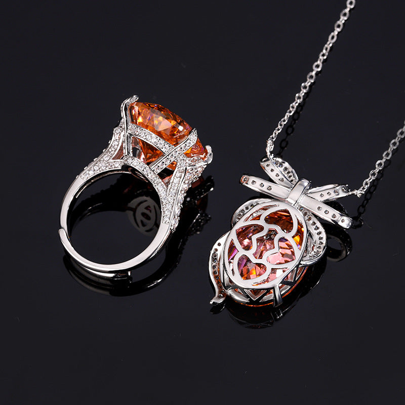 Elegant Oval Gemstone Bow-Knot Pendant and Ring Set