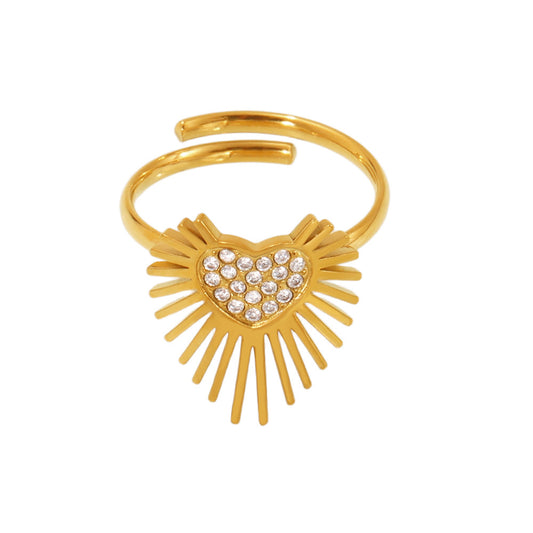 Radiant Sunburst Pavé Heart Adjustable Ring