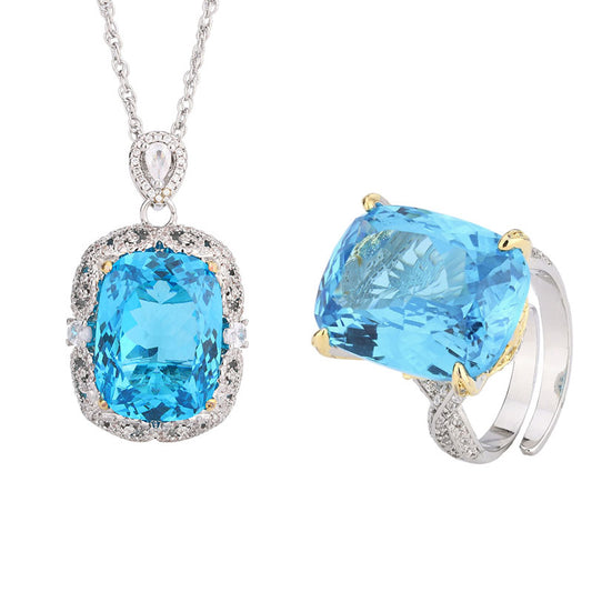 Opulent Cushion-Cut Blue Stone Halo Necklace & Ring Set