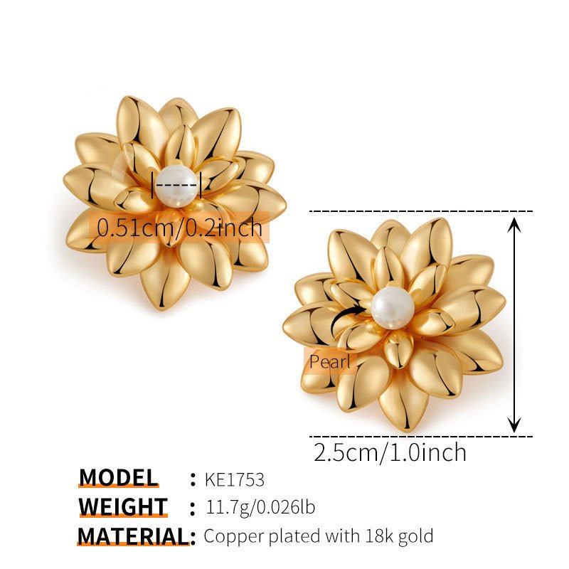 18K Gold Multi - layered 3D Flower Stud Earrings - Shuling Jewelry
