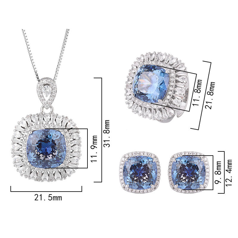 Cushion-Cut Blue Stone Halo Jewelry Suite