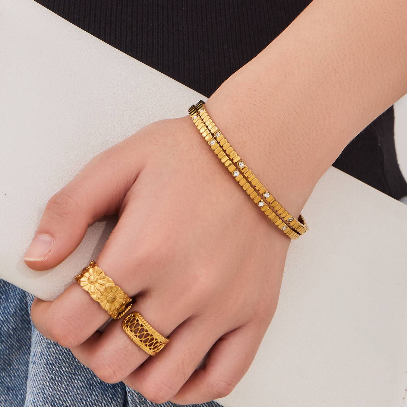 Stackable Ribbed Crystal Textured Bangles
