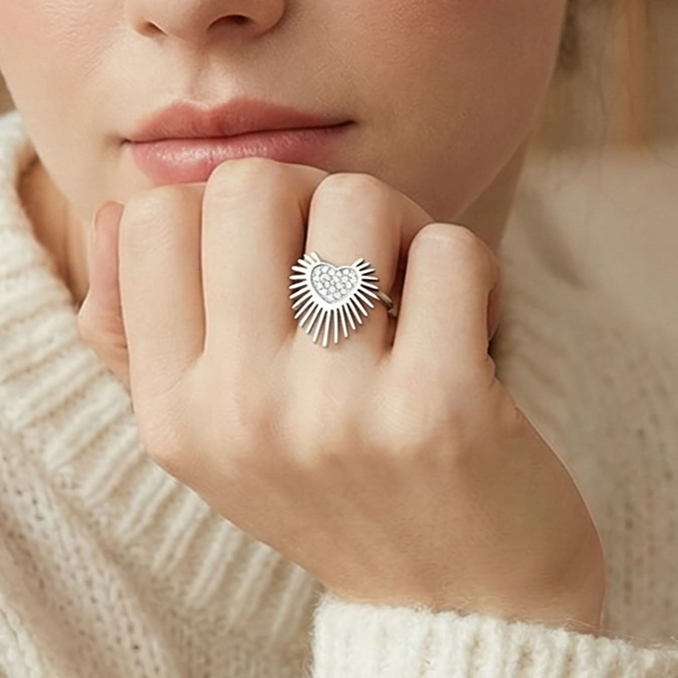 Radiant Sunburst Pavé Heart Adjustable Ring