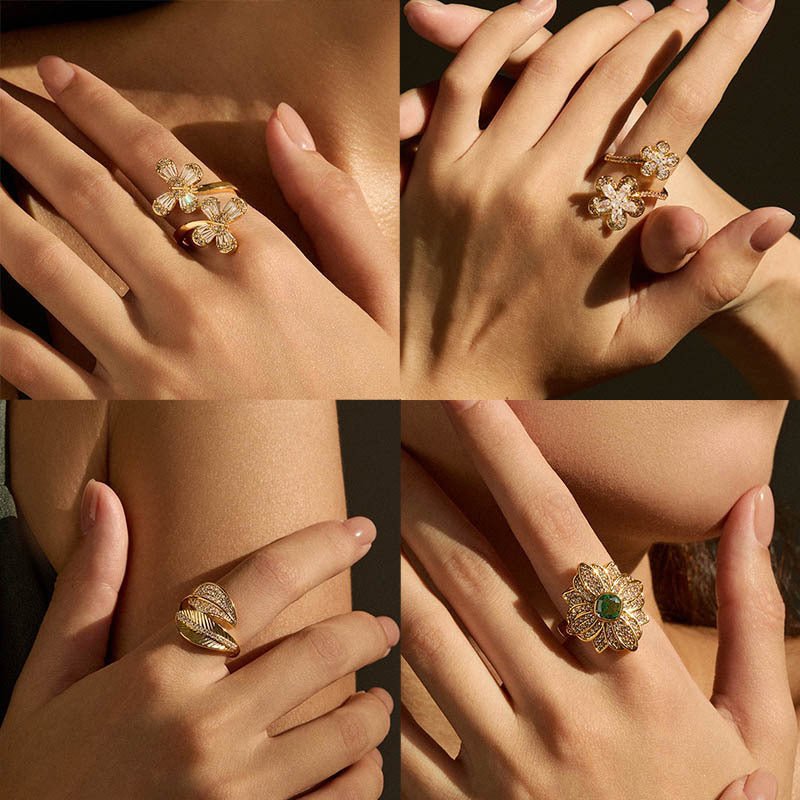 18K Gold Zircon Flower Rings - Shuling Jewelry