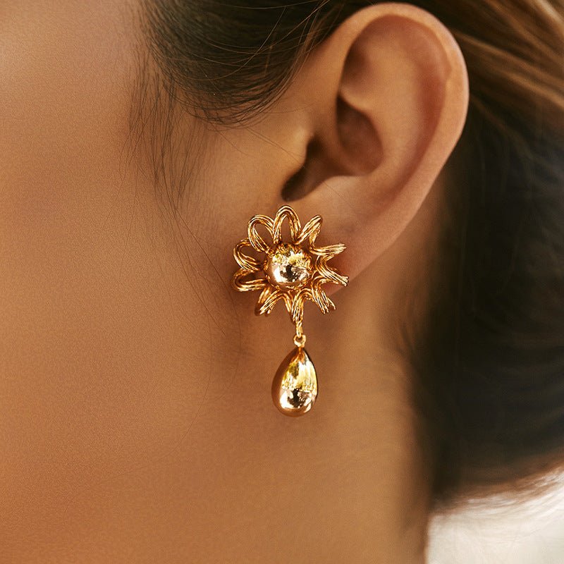 18K Gold Sunflower Waterdrop Earrings - Shuling Jewelry