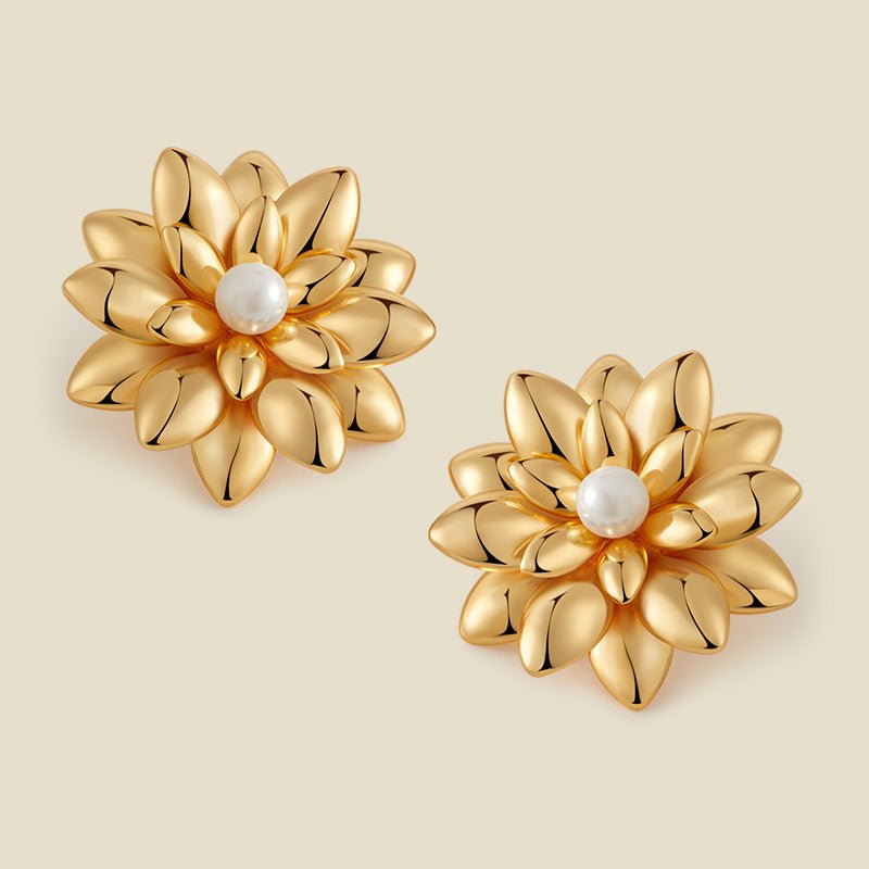 18K Gold Multi - layered 3D Flower Stud Earrings - Shuling Jewelry