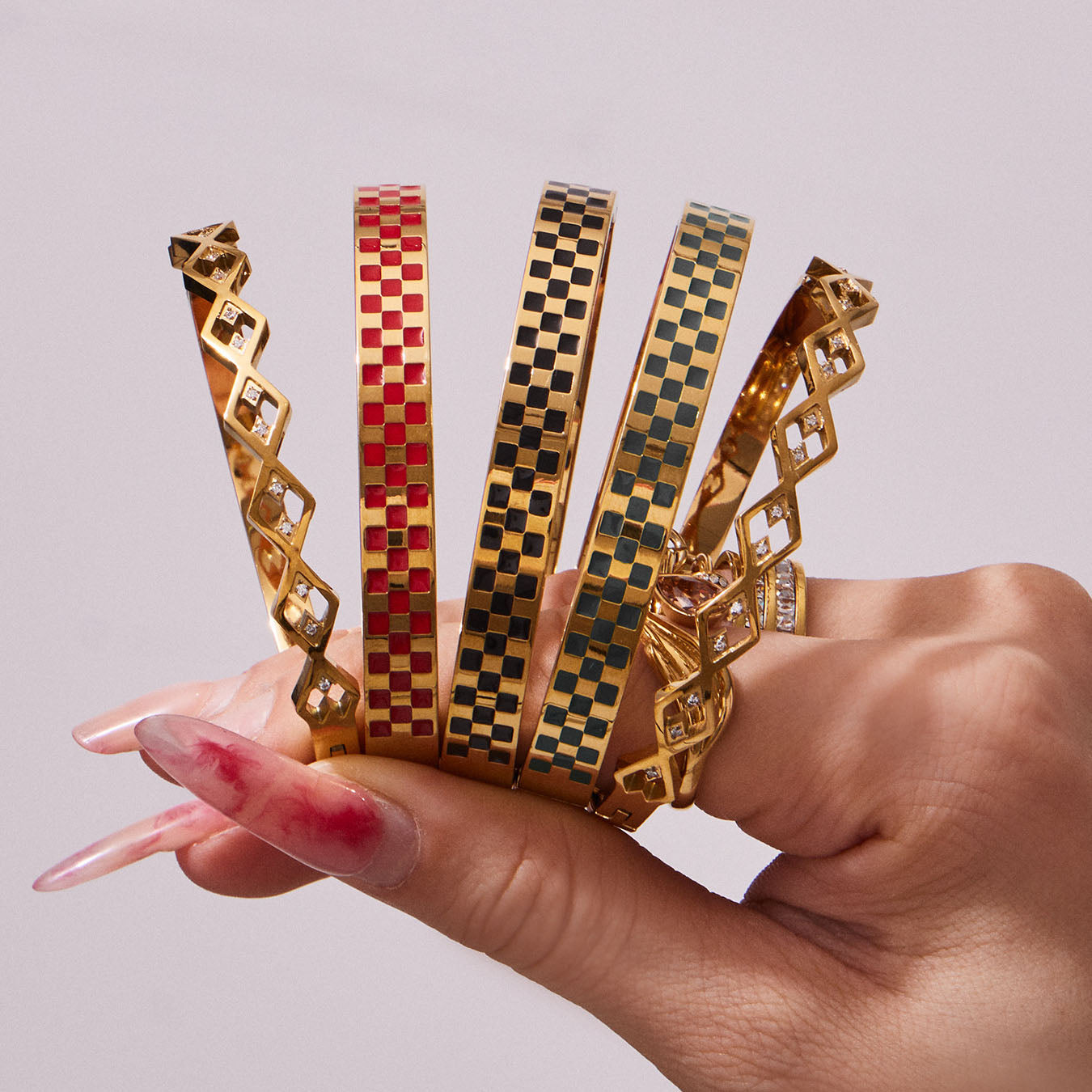 Retro Checkered & Geometric Gold Bangles