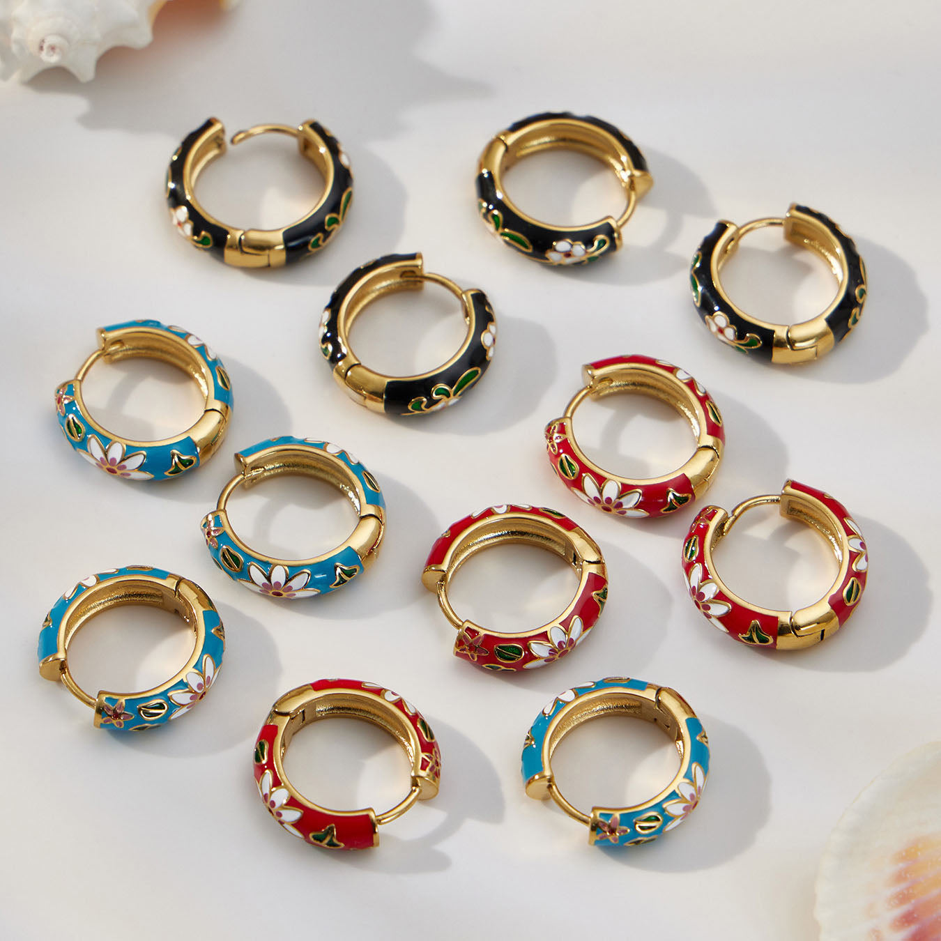 Enamel Floral & Crystal Huggie Earrings