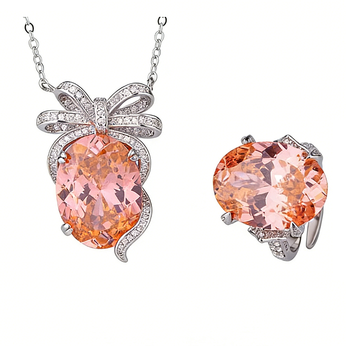 Elegant Oval Gemstone Bow-Knot Pendant and Ring Set
