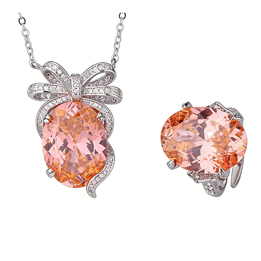 Elegant Oval Gemstone Bow-Knot Pendant and Ring Set