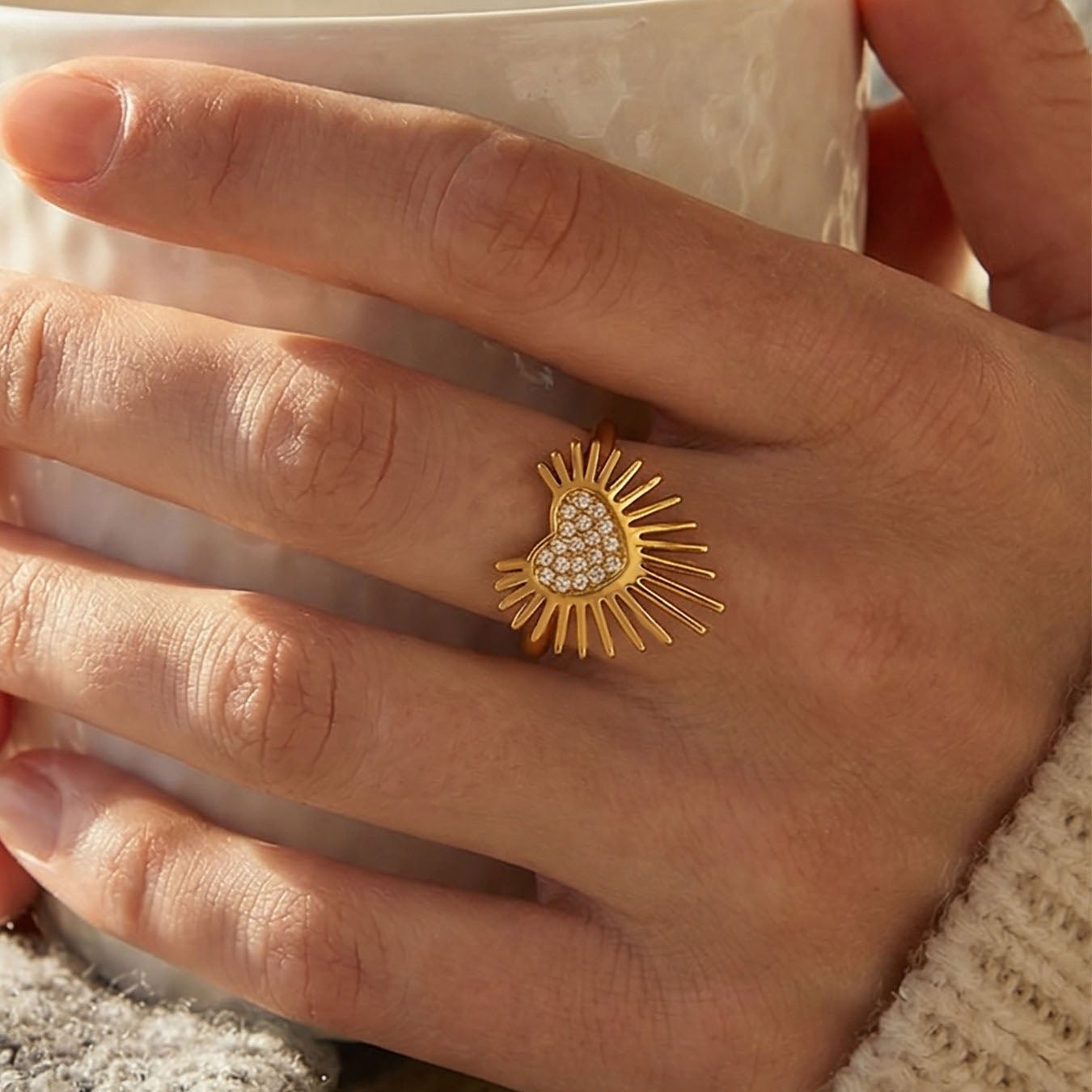 Radiant Sunburst Pavé Heart Adjustable Ring