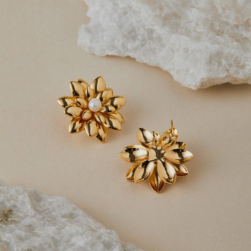 18K Gold Multi - layered 3D Flower Stud Earrings - Shuling Jewelry