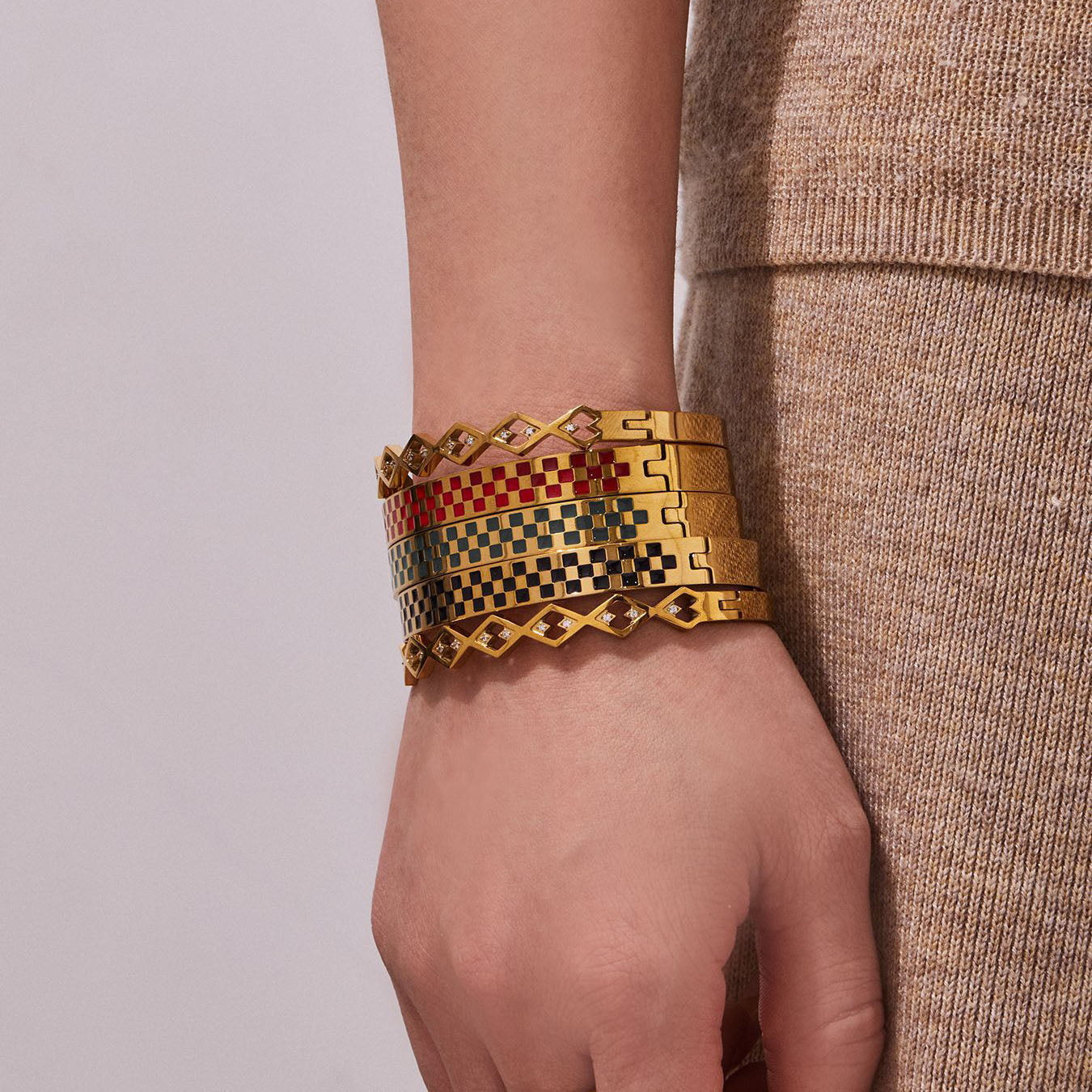 Retro Checkered & Geometric Gold Bangles