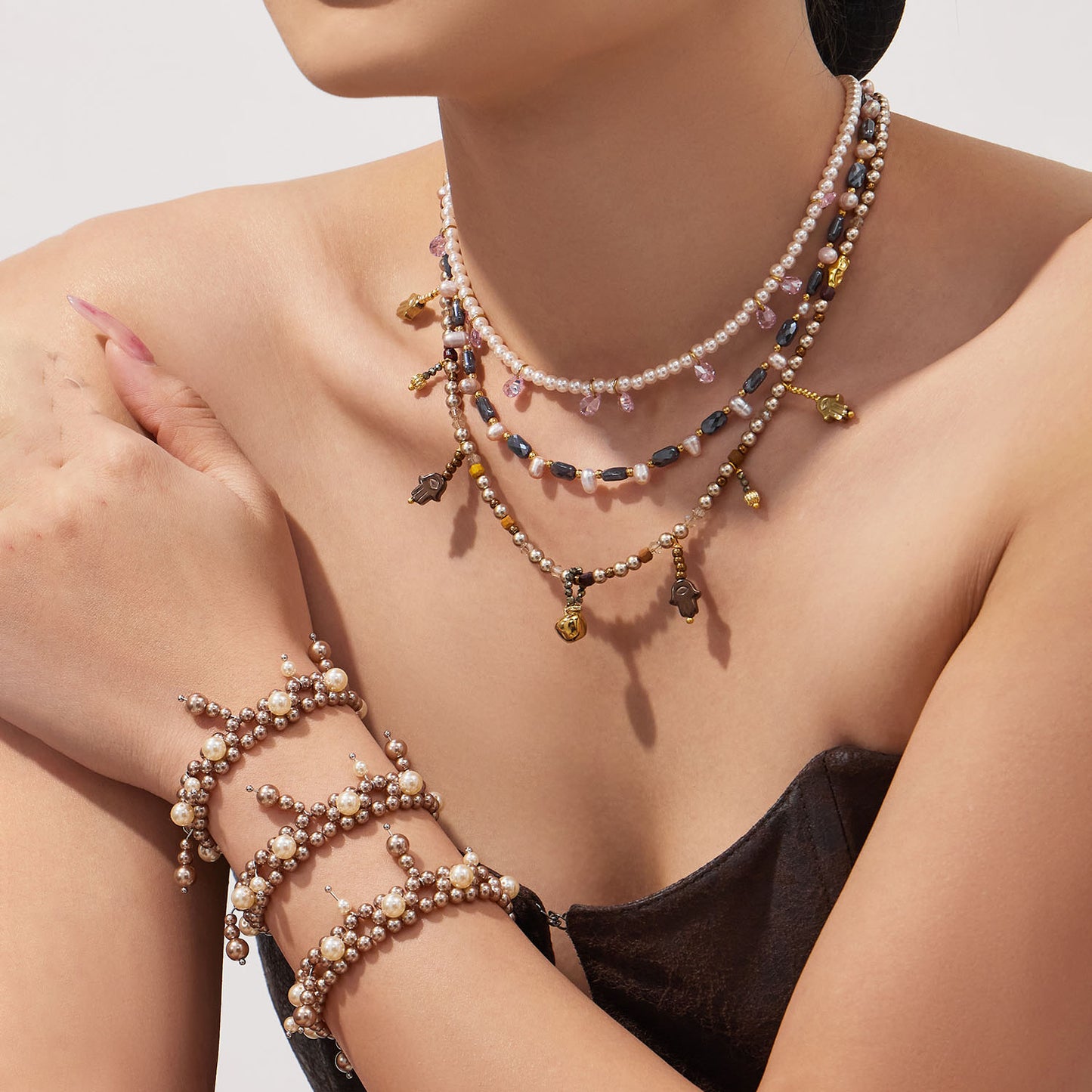 Bohemian Pearl Hamsa Hand Necklace