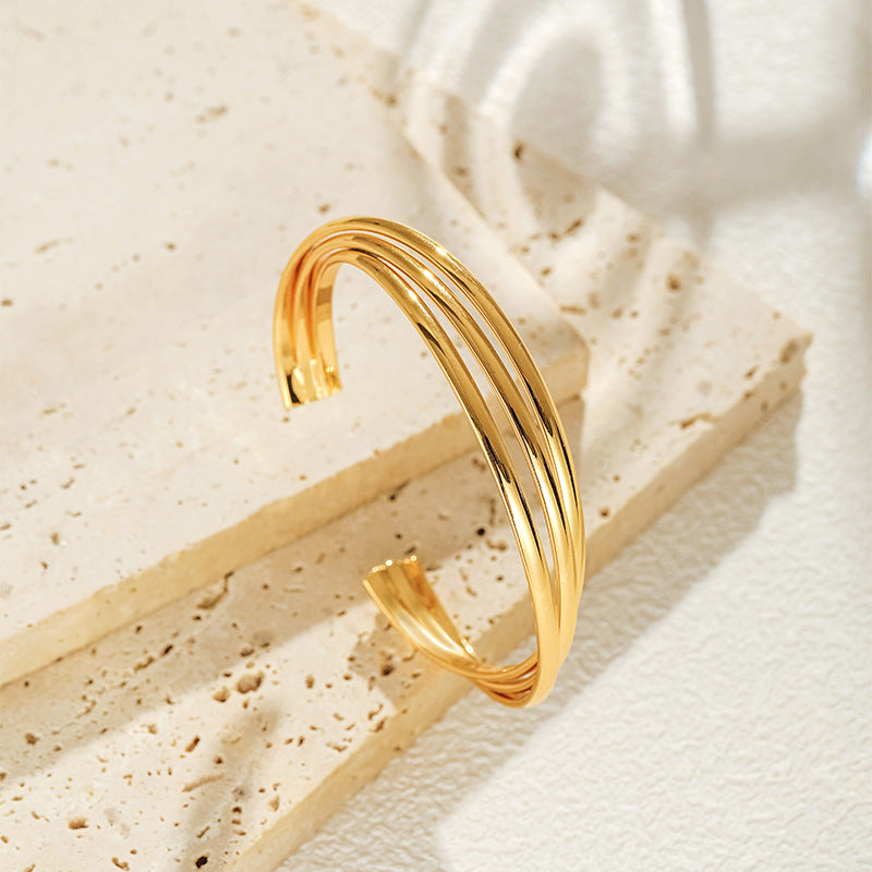 Minimalist Triple-Layer Golden Cuff Bangle