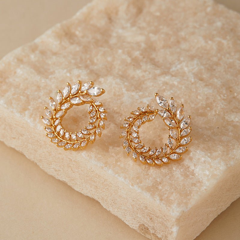 18K Gold Zircon Wheat Ear Studs - Shuling Jewelry