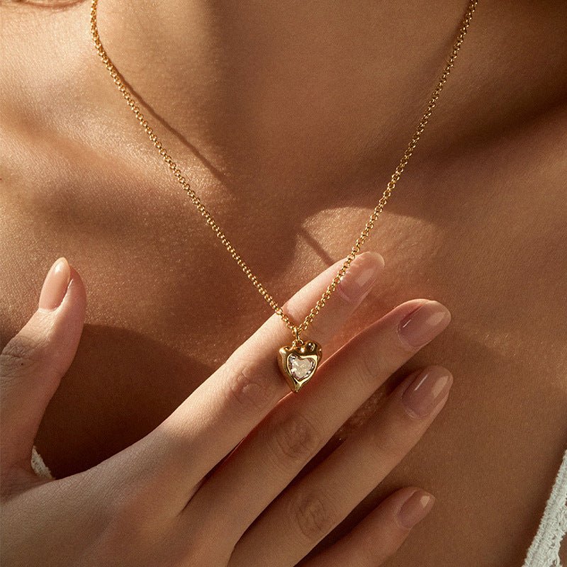 18K Gold Zircon Heart Necklace - Shuling Jewelry