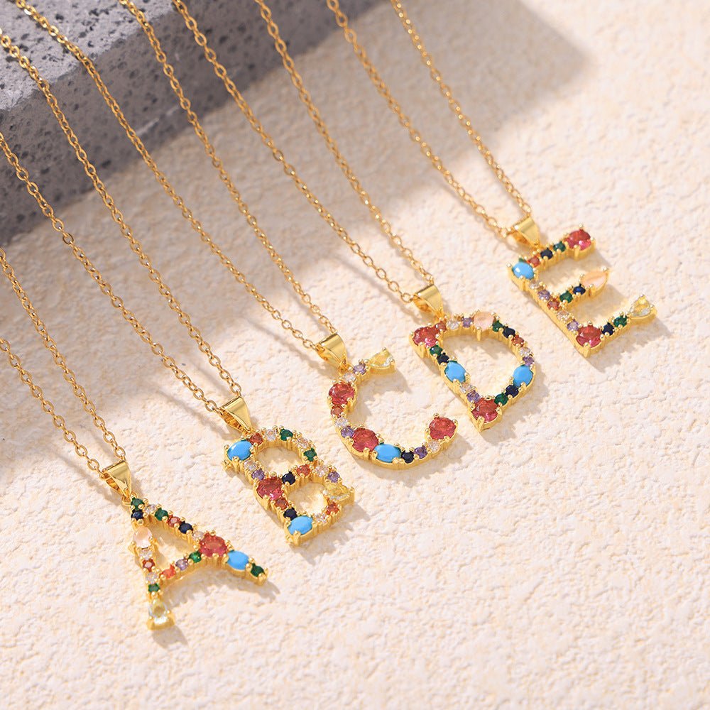 18K Gold Colorful Zircon Letter Necklace - Shuling Jewelry