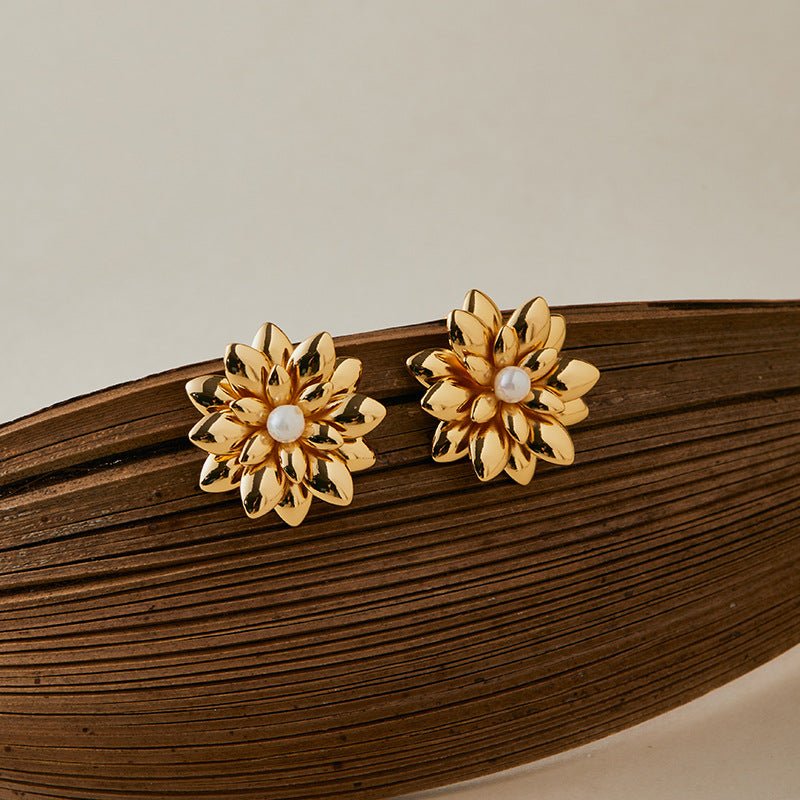 18K Gold Multi - layered 3D Flower Stud Earrings - Shuling Jewelry