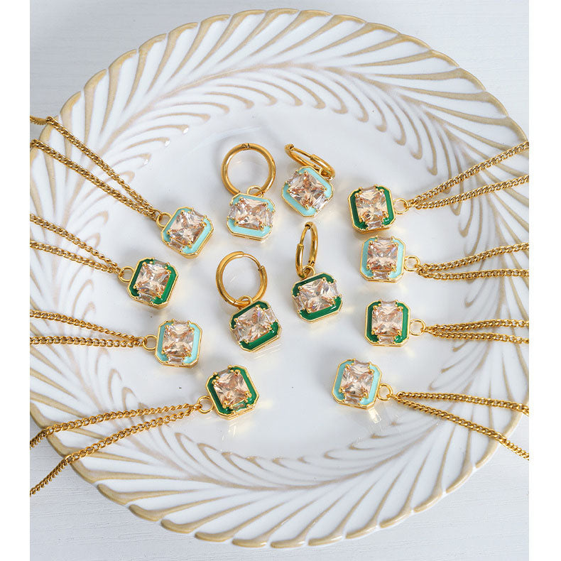 Enamel Square Crystal Pendant Jewelry Set