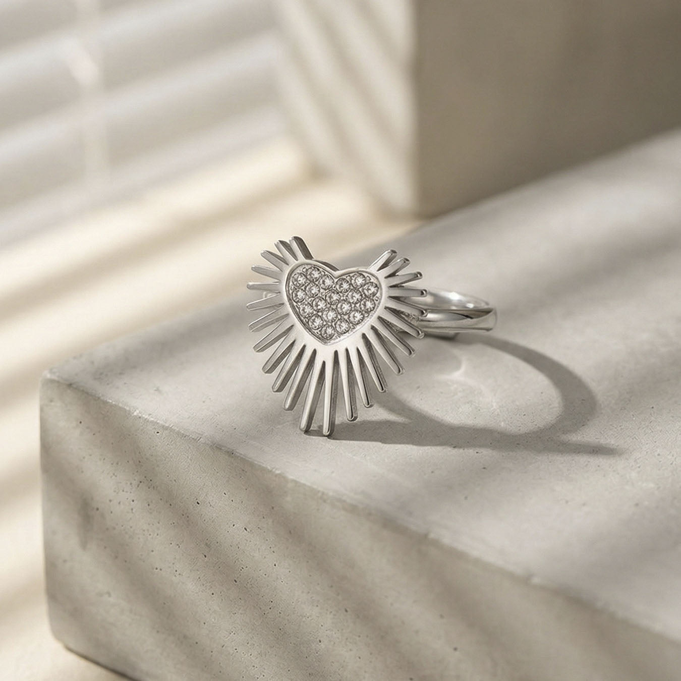 Radiant Sunburst Pavé Heart Adjustable Ring