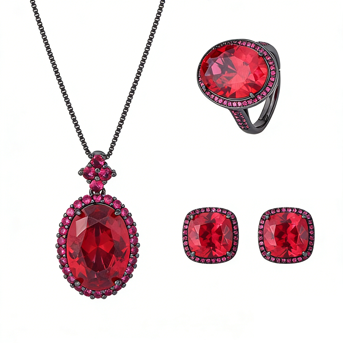 Black Gold Crimson Red Gemstone Statement Jewelry Set