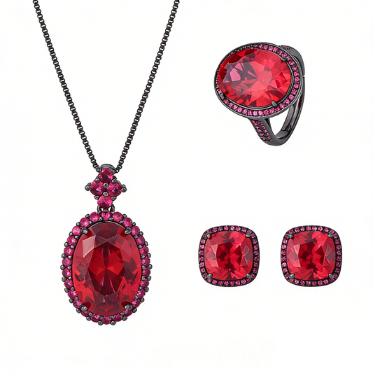 Black Gold Crimson Red Gemstone Statement Jewelry Set