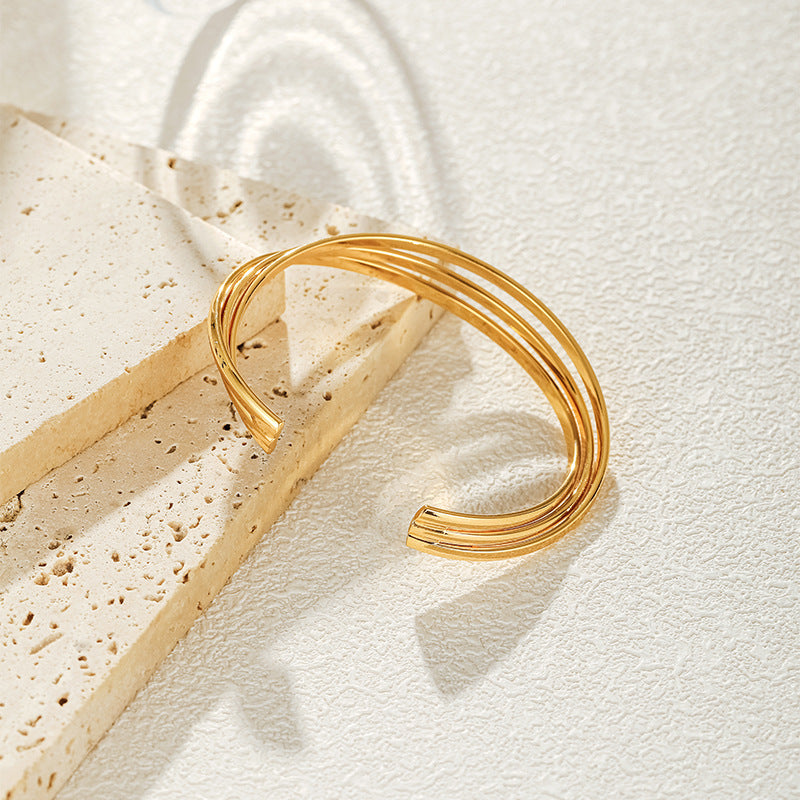 Minimalist Triple-Layer Golden Cuff Bangle