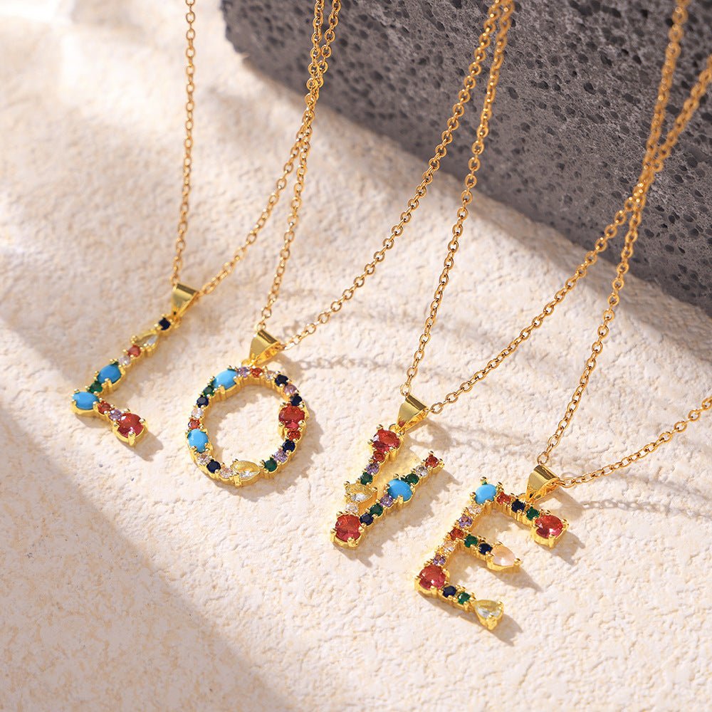 18K Gold Colorful Zircon Letter Necklace - Shuling Jewelry
